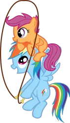 Size: 1627x2868 | Tagged: safe, artist:kehrminator, derpibooru import, rainbow dash, scootaloo, pegasus, pony, female, filly, jump rope, mare, ponies riding ponies, scootahat, scootalove, simple background, transparent background