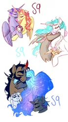 Size: 1024x1843 | Tagged: safe, artist:sessomesmaru, derpibooru import, discord, king sombra, princess celestia, princess luna, sunset shimmer, twilight sparkle, twilight sparkle (alicorn), oc, oc:aetheria, oc:darkheart, oc:starshine, oc:sundial shine, alicorn, hybrid, alicornified, cuddling, dislestia, eyes closed, female, hug, interspecies offspring, lesbian, lumbra, magical lesbian spawn, male, offspring, parent:discord, parent:king sombra, parent:princess celestia, parent:princess luna, parent:sunset shimmer, parent:twilight sparkle, parents:dislestia, parents:lumbra, parents:sunsetsparkle, race swap, rainbow power, shimmercorn, shipping, simple background, sleeping, straight, sunsetsparkle