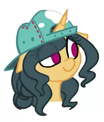 Size: 1123x1315 | Tagged: safe, artist:shinodage, derpibooru import, editor:jamalleymall, fresh coat, pony, unicorn, backwards ballcap, baseball cap, bust, cap, female, hat, mare, no pupils, portrait, simple background, solo, white background