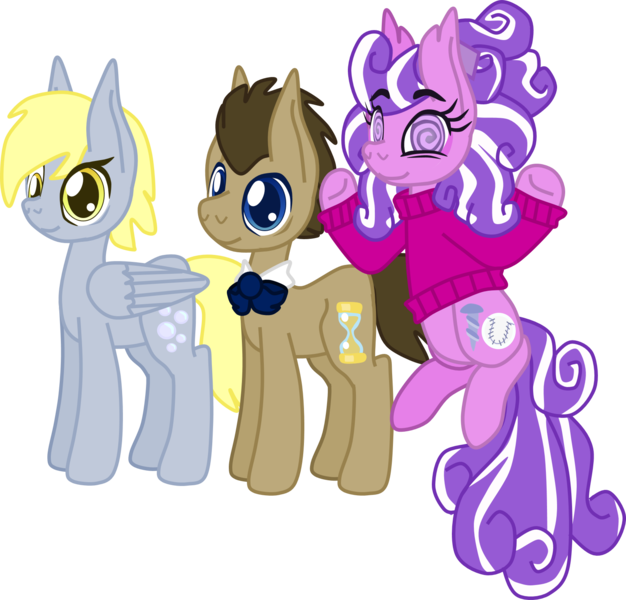 Size: 1625x1558 | Tagged: safe, artist:casanova-mew, derpibooru import, derpy hooves, doctor whooves, screwball, time turner, pony, bisexual, bowtie, clothes, derpball, doctorderpball, doctorderpy, female, lesbian, male, older, polyamory, screwhooves, shipping, simple background, straight, sweater, transparent background