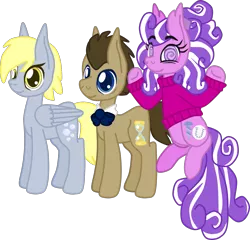 Size: 1625x1558 | Tagged: safe, artist:casanova-mew, derpibooru import, derpy hooves, doctor whooves, screwball, time turner, pony, bisexual, bowtie, clothes, derpball, doctorderpball, doctorderpy, female, lesbian, male, older, polyamory, screwhooves, shipping, simple background, straight, sweater, transparent background