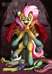 Size: 900x1280 | Tagged: artist:calena, badass, chaos, chaos magic, corrupted, derpibooru import, discord, duo, evil, evil fluttershy, female, flutterbadass, fluttershy, male, misleading thumbnail, monster, monster pony, multicolored hair, patreon, patreon logo, semi-grimdark, stomping, throne