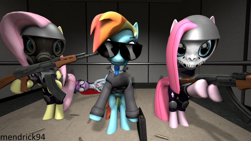 Size: 3840x2160 | Tagged: grimdark, artist:mendrick94, derpibooru import, fluttershy, pinkie pie, rainbow dash, twilight sparkle, pony, 3d, ak-47, assault rifle, blood, bullet hole, clothes, death, gas mask, gun, mask, rifle, source filmmaker, suit, suitcase, weapon