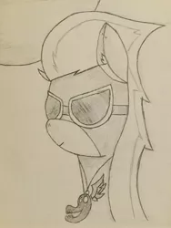 Size: 2448x3264 | Tagged: safe, anonymous artist, derpibooru import, oc, oc:shadow blaze, unofficial characters only, pony, bust, clothes, costume, ear fluff, goggles, monochrome, pencil drawing, portrait, shadowbolts, shadowbolts costume, sketch, solo, traditional art