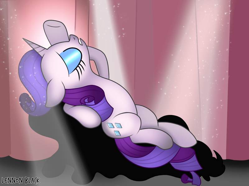 Size: 1600x1200 | Tagged: safe, artist:lennonblack, derpibooru import, rarity, pony, unicorn, fame and misfortune, curtain, eyes closed, female, flawless, implied applejack, mare, scene interpretation, solo, spotlight, underhoof