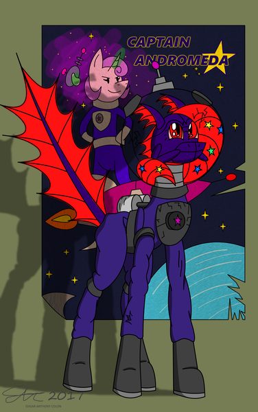 Size: 2000x3194 | Tagged: artist:derpanater, derpibooru import, fallout equestria, lurker, oc, oc:andromeda galaxy, original species, poster, safe, smiling, spacesuit, sparkle-lurker, unofficial characters only