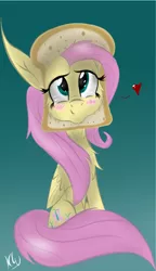 Size: 998x1731 | Tagged: safe, artist:zeezou2, derpibooru import, fluttershy, pony, bread, bread head, breading, cute, female, food, heart, looking up, mare, shyabetes, signature, sitting, solo, toast