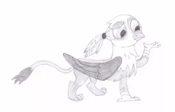 Size: 2048x1321 | Tagged: safe, artist:ragmo, derpibooru import, oc, unofficial characters only, gryphon, atg 2017, female, monochrome, newbie artist training grounds, raised leg, simple background, solo, traditional art, white background