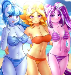 Size: 3586x3798 | Tagged: adagio dazzle, anthro, aria blaze, armpits, artist:twistedscarlett60, bandeau, bicolor swimsuit, bikini, blue swimsuit, breasts, busty adagio dazzle, busty aria blaze, busty dazzlings, busty sonata dusk, chest fluff, clothes, colored pupils, derpibooru import, eye clipping through hair, female, females only, frilled swimsuit, orange swimsuit, purple swimsuit, shoulder fluff, side-tie bikini, sonata dusk, string bikini, striped swimsuit, suggestive, swimsuit, the dazzlings, trio, trio female, twist bandeau