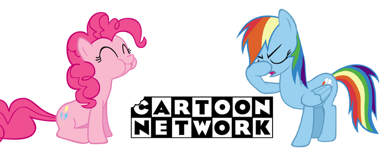 Size: 1862x790 | Tagged: safe, derpibooru import, pinkie pie, rainbow dash, earth pony, pegasus, pony, cartoon network, cartoon network logo, duo, eating, eyes closed, facehoof, female, happy, logo, mare, silly, simple background, white background