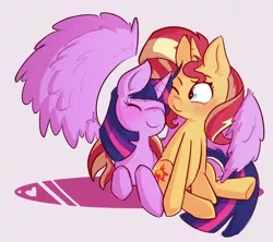 Size: 1109x986 | Tagged: safe, artist:artomicmuffin, derpibooru import, sunset shimmer, twilight sparkle, twilight sparkle (alicorn), alicorn, pony, unicorn, equestria girls, cuddling, cute, duo, eyes closed, female, hug, lesbian, mare, one eye closed, shipping, simple background, smiling, sunsetsparkle, winghug