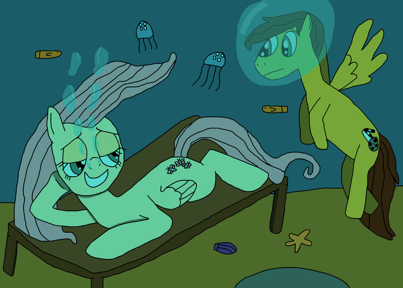 Size: 3498x2502 | Tagged: suggestive, artist:sb1991, derpibooru import, fluttershy, oc, oc:film reel, fish, jellyfish, pony, starfish, bedroom eyes, bubble, lidded eyes, ocean, rock, seabed, seduce, seduction, seductive, shell, spread wings, story included, table, underwater, watershy, wingboner, wings