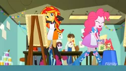 Size: 1366x768 | Tagged: safe, derpibooru import, screencap, apple bloom, pinkie pie, sunset shimmer, wiz kid, eqg summertime shorts, equestria girls, the art of friendship, annoyed, apron, clothes, covering, drum sticks