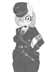 Size: 2332x3297 | Tagged: anthro, artist:aryanne, clothes, dagger, derpibooru import, female, gloves, hair over one eye, hand on hip, hat, looking at you, monochrome, nazi, nazi armband, oc, oc:aryanne, peaked cap, safe, schutzstaffel, simple background, smiling, smirk, solo, swastika, uniform, unofficial characters only, weapon, white background