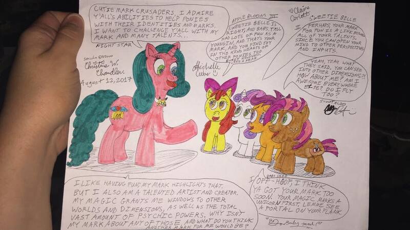 Size: 960x540 | Tagged: safe, artist:chris chan, derpibooru import, apple bloom, babs seed, scootaloo, sweetie belle, oc, oc:miss night star, pony, chris chan, cutie mark crusaders, hand, traditional art