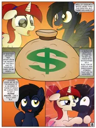 Size: 3000x4000 | Tagged: safe, artist:pananovich, derpibooru import, oc, oc:shadowmoon, oc:silver draw, unofficial characters only, pegasus, pony, unicorn, comic:b.d.s.m., bag of money, breaking the fourth wall, comic, dialogue, kissing, shadraw