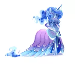 Size: 827x704 | Tagged: safe, artist:longmuzzlepony, derpibooru import, princess luna, pony, alternate hairstyle, clothes, dress, horn jewelry, jewelry, simple background, solo, white background