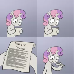 Size: 2000x2000 | Tagged: safe, derpibooru import, sweetie belle, pony, eviction, eviction notice, exploitable meme, first world anarchist, meme, note, obligatory pony, paper, paper air plane, paper plane, solo, sweetie's note meme