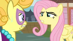 Size: 1920x1080 | Tagged: safe, derpibooru import, screencap, fluttershy, lemon chiffon, pony, fame and misfortune, angry, annoyed, assertive, assertive fluttershy, fanpony, fluttershy is not amused, fourth wall, glasses, larson you magnificent bastard, m.a. larson, meta, peeved, scared, sweat, unamused