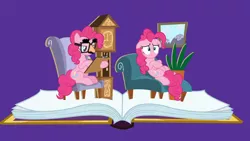 Size: 1920x1080 | Tagged: safe, derpibooru import, screencap, pinkie pie, pony, fame and misfortune, book, chair, clipboard, clock, couch, distressed, ears up, fern, flawless, floppy ears, glasses, grandfather clock, groucho mask, lying, painting, paradox, pencil, pinkiatrist, pop-up book, psychiatrist, self ponidox, sitting, stressed, therapist, therapy, troubled, unhappy, writing