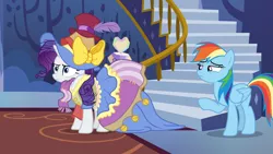 Size: 1920x1080 | Tagged: safe, derpibooru import, screencap, rainbow dash, rarity, pony, fame and misfortune, bow, clothes, dress, feather, hat, marshmelodrama, narrowed eyes, petticoat, pointing, scarf, stress couture, stressed, sun hat, terrible, top hat, twilight's castle, unhappy