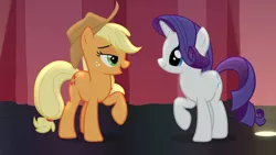 Size: 1920x1080 | Tagged: safe, derpibooru import, screencap, applejack, rarity, earth pony, pony, unicorn, fame and misfortune, curtain, female, flawless, lidded eyes, looking at each other, mare, open mouth, raised hoof, shipping fuel, smiling, standing