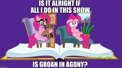 Size: 888x499 | Tagged: safe, derpibooru import, screencap, pinkie pie, pony, fame and misfortune, book, chair, couch, dave the barbarian, discovery family logo, exploitable meme, flawless, groucho mask, image macro, meme, pinkiatrist, psychologist, twinkle the marvel horse