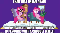 Size: 888x499 | Tagged: safe, derpibooru import, screencap, pinkie pie, pony, fame and misfortune, book, chair, clock, couch, dave the barbarian, exploitable meme, flawless, groucho mask, image macro, meme, pinkiatrist, psychologist, twinkle the marvel horse