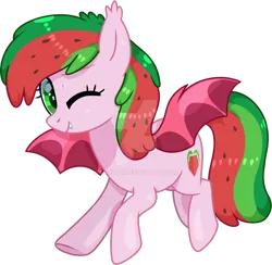 Size: 1024x1000 | Tagged: safe, artist:sugguk, derpibooru import, oc, oc:watermelonie, unofficial characters only, bat pony, pony, female, mare, one eye closed, simple background, solo, transparent background, watermark, wink