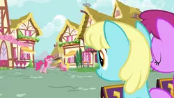Size: 1920x1080 | Tagged: safe, derpibooru import, screencap, berry punch, berryshine, cherry berry, pinkie pie, sassaflash, pony, fame and misfortune, angry, eyes closed, friendship journal, house, outdoors, ponyville, saddle bag, shaking hoof, smiling