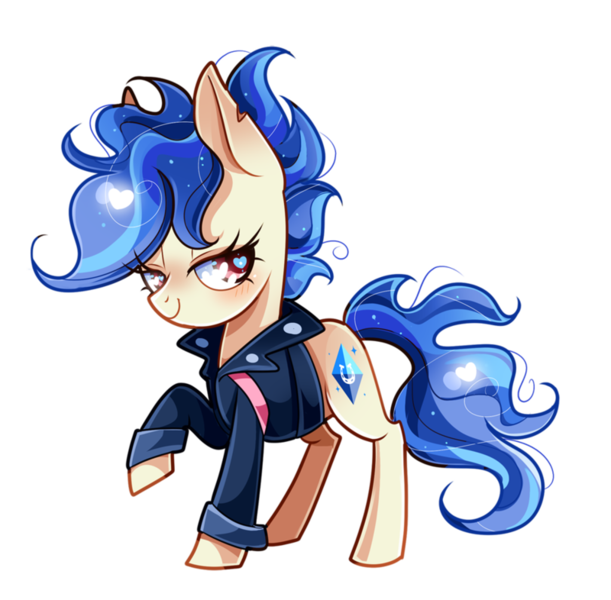 Size: 800x786 | Tagged: safe, artist:ipun, derpibooru import, oc, oc:blue flame, unofficial characters only, earth pony, pony, blushing, clothes, female, heart, heart eyes, jacket, lidded eyes, looking at you, mare, raised hoof, simple background, smiling, solo, transparent background, wingding eyes