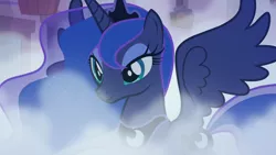 Size: 1280x720 | Tagged: safe, derpibooru import, screencap, princess luna, alicorn, pony, to where and back again, cutie mark, fog, jewelry, princess luna is amused, regalia, smiling, solo, spread wings, wings