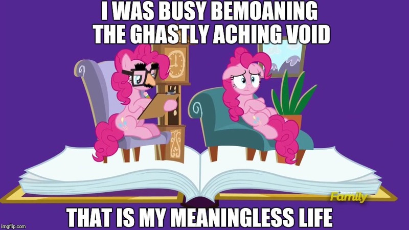 Size: 888x499 | Tagged: safe, derpibooru import, screencap, pinkie pie, pony, fame and misfortune, chair, clock, couch, dave the barbarian, exploitable meme, groucho mask, image macro, meme, nihilism, pinkiatrist, psychologist, twinkle the marvel horse