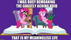 Size: 888x499 | Tagged: safe, derpibooru import, screencap, pinkie pie, pony, fame and misfortune, chair, clock, couch, dave the barbarian, exploitable meme, groucho mask, image macro, meme, nihilism, pinkiatrist, psychologist, twinkle the marvel horse
