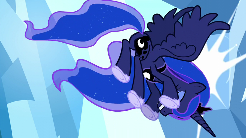 Size: 1280x720 | Tagged: safe, derpibooru import, screencap, princess luna, alicorn, pony, do princesses dream of magic sheep, cutie mark, flying, ouch, plot, solo, spread wings, underhoof, wings