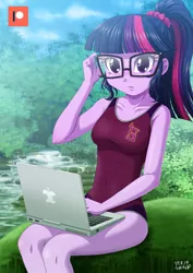 Size: 707x1000 | Tagged: safe, artist:uotapo, derpibooru import, sci-twi, twilight sparkle, equestria girls, adorasexy, adorkable, bicolor swimsuit, blushing, clothes, cloud, computer, cute, dork, female, glasses, laptop computer, looking at you, one-piece swimsuit, patreon, patreon logo, purple swimsuit, school swimsuit, sexy, shadowbolts swimsuit, solo, swimsuit, twiabetes
