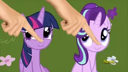 Size: 914x514 | Tagged: safe, derpibooru import, edit, edited screencap, screencap, starlight glimmer, twilight sparkle, twilight sparkle (alicorn), alicorn, human, pony, unicorn, fame and misfortune, boop, boop edit, cute, duo, female, glimmerbetes, hand, mare, twiabetes