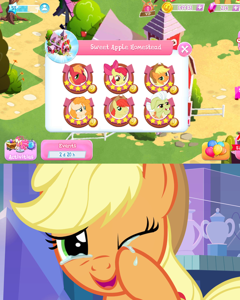 Size: 792x990 | Tagged: safe, derpibooru import, edit, edited screencap, screencap, apple bloom, applejack, big macintosh, bright mac, granny smith, pear butter, pony, the perfect pear, apple family, balloon, brightbutter, crying, cute, female, gameloft, good end, jackabetes, male, mobile, reunion, reunited, screenshots, shipping, straight, sweet apple acres, tears of joy, the whole apple family