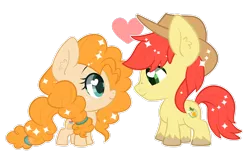 Size: 3079x1948 | Tagged: safe, artist:snow angel, derpibooru import, bright mac, pear butter, the perfect pear, brightbutter, chibi, cute, female, heart eyes, looking at each other, male, mare, shipping, simple background, smiling, stallion, straight, transparent background, wingding eyes