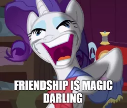 Size: 538x459 | Tagged: safe, derpibooru import, edit, edited screencap, screencap, rarity, pony, unicorn, fame and misfortune, crying, darling, derp, faic, female, image macro, insanity, makeup, mare, meme, rarisnap, running makeup, solo, title drop, why i'm creating a gown darling