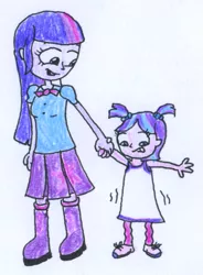 Size: 433x588 | Tagged: safe, artist:rizdub, derpibooru import, starlight glimmer, twilight sparkle, fanfic:aftermath of the games, equestria girls, adoption, auntie twilight, child, duo, glimmerdoption, holding hands, mama twilight, this will end in timeline distortion, traditional art, younger