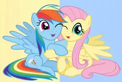 Size: 1308x885 | Tagged: safe, derpibooru import, screencap, fluttershy, rainbow dash, pegasus, pony, fame and misfortune, cute, dashabetes, duo, duo female, female, free hugs, hug, looking at you, mare, one eye closed, open mouth, shyabetes, sitting