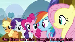 Size: 1920x1080 | Tagged: safe, derpibooru import, edit, screencap, applejack, fluttershy, pinkie pie, rainbow dash, rarity, pony, fame and misfortune, caption, flawless, smiling, text