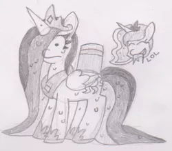 Size: 503x440 | Tagged: safe, artist:threetwotwo32232, derpibooru import, princess celestia, princess luna, alicorn, pony, bucket, clothes, crown, giggling, horn, jewelry, lol, monochrome, necklace, newbie artist training grounds, o.o, pencil drawing, prank, princess luna laughs at your misery, regalia, royal sisters, shoes, this will end in tears and/or a journey to the moon, traditional art, wet, wet mane, wings, xd