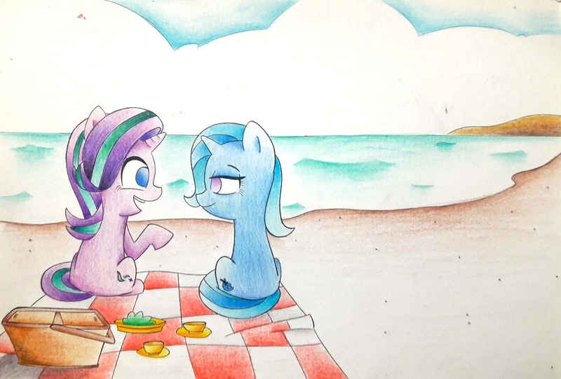 Size: 3216x2176 | Tagged: safe, artist:mustachedbain, derpibooru import, starlight glimmer, trixie, pony, unicorn, basket, beach, cup, duo, picnic, picnic basket, picnic blanket, teacup, traditional art