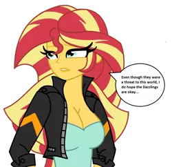 Size: 800x775 | Tagged: suggestive, artist:cbear624, derpibooru import, sunset shimmer, equestria girls, big breasts, breasts, busty sunset shimmer, cleavage, clothes, dialogue, female, jacket, shirt, simple background, solo, solo female, speech bubble, transparent background