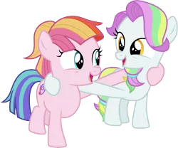 Size: 3612x3001 | Tagged: safe, artist:cloudyglow, derpibooru import, coconut cream, toola roola, pony, fame and misfortune, coconut cute, cute, duo, duo female, female, filly, foal, friends, roolabetes, simple background, smiling, transparent background, vector
