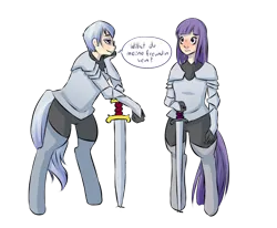 Size: 1024x845 | Tagged: armor, artist:cups, blushing, derpibooru import, flirting, german, oc, oc:pebble, oc:sterling, parent:maud pie, parent:silver spoon, safe, satyr, shipping, simple background, sword, translator:geistschlauch, transparent background, unofficial characters only, weapon