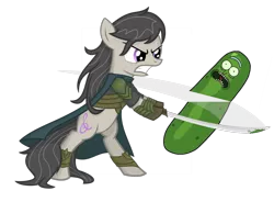 Size: 1024x755 | Tagged: safe, derpibooru import, octavia melody, earth pony, pony, arc, bipedal, elrond, female, food, green, katana, lord of the rings, mare, meme, pickle, pickle rick, rick and morty, rick sanchez, simple background, slash, swing, sword, transparent background, weapon