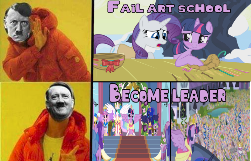 Size: 1672x1075 | Tagged: safe, derpibooru import, edit, edited screencap, screencap, twilight sparkle, twilight sparkle (alicorn), alicorn, pony, princess twilight sparkle (episode), winter wrap up, adolf hitler, art school, celebration, cheer, crown, drake, exploitable meme, hitler did nothing wrong, hotline bling, jewelry, leader, meme, nest, regalia, screencap comic